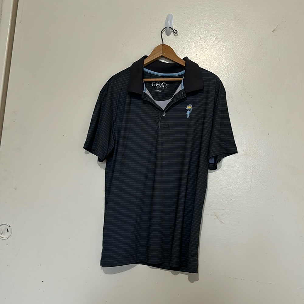 Men’s golf shirt. Dark grey with pin stripes.